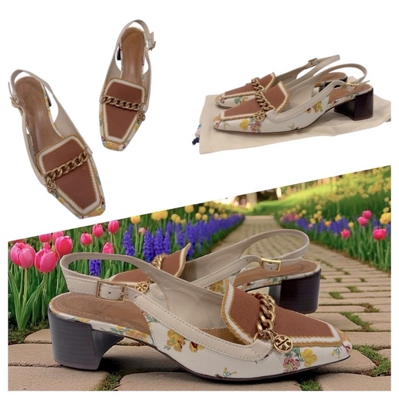 Tory Burch Mini Benton Charm Floral Chain-Embellished Slingback Heels size 6 M - Picture 1 of 12